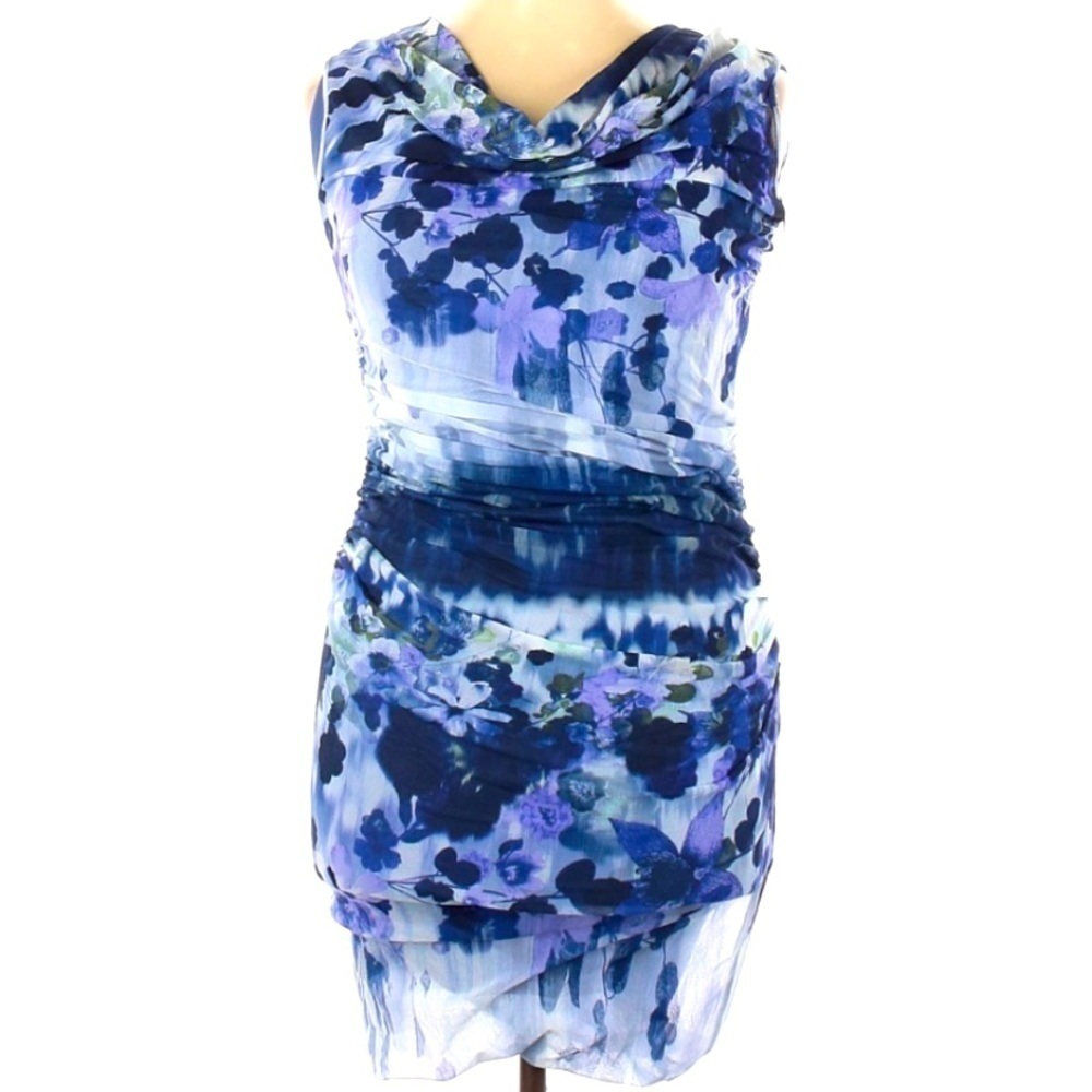 FUZZI Rouched mesh cowl neck watercolor blue fitted mesh mini dress xl women’s